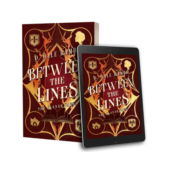 Between the Lines new red and gold cover. Image shows book in paper back and e-reader.