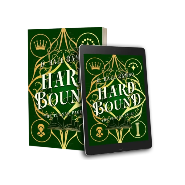 Image of a paperback book standing next to an eBook reader. Both show the cover for book two of The Planar Pages: Hard Bound. A green cover. Image of an open book with loose pages floating amongst curved branches. At each corner are golden icons: from the top left: a crown; a symbol unique to the series - a diamond with seven circles arched above; a symbol unique to the series - a circle pouring into a diamond with a leaf on either side and a fallen crescent moon above the circle; a stone column.