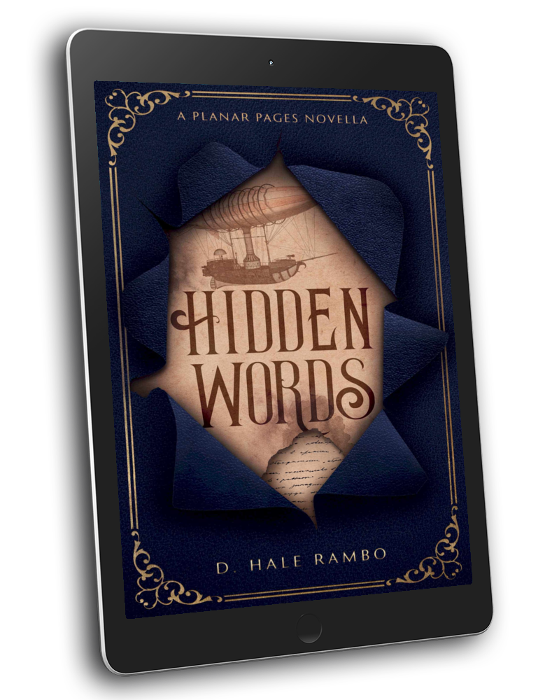 The blue book cover for Hidden Words, the prequel novella for historical fantasy series The Planar Pages by D. Hale Rambo is displayed on an electronic device.