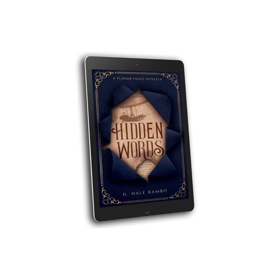 The blue book cover for Hidden Words, the prequel novella for historical fantasy series The Planar Pages by D. Hale Rambo is displayed on an electronic device.