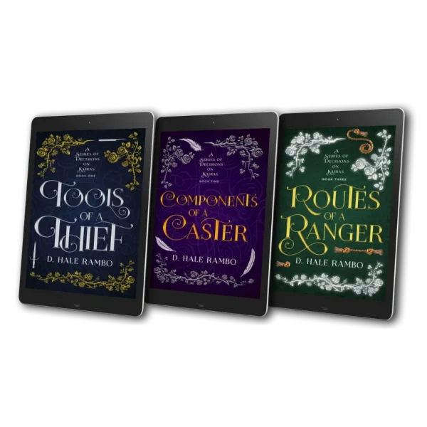 the blue, purple and green book covers of the 3 books in the adventure fantasy series A Series of Decisions on Kairas by D. Hale Rambo are displayed together on electronic devices.