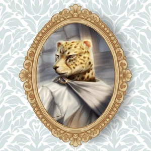 Painting of a determined-looking male smilodon, an anthropomorphic leopard with yellow fur and brown spots. He is wearing a white toga with a white cloak. This is Dodger. The painting is in a golden, oval frame on a light blue damask background.